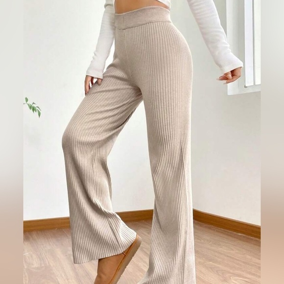 Shein High Waist Flare Leg Khaki Knit Pants Beige Ribbed size S - Picture 4 of 10